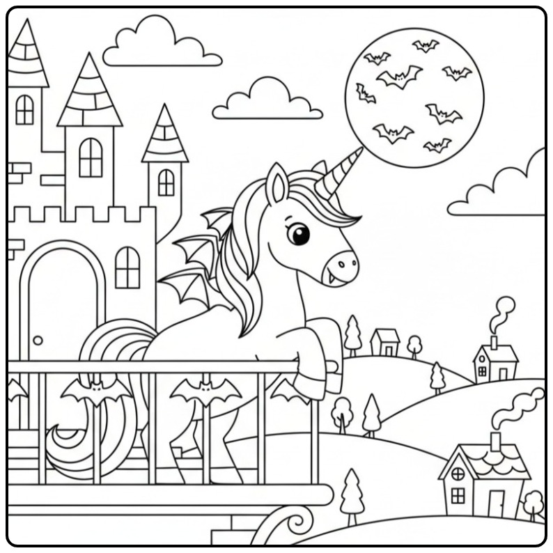 Unicorn Witch for Halloween and a Scary Castle coloring page