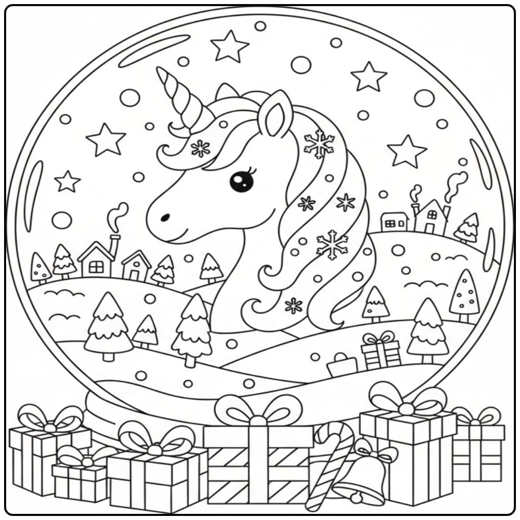 Unicorn Head Christmas in a Winter Landscape coloring page