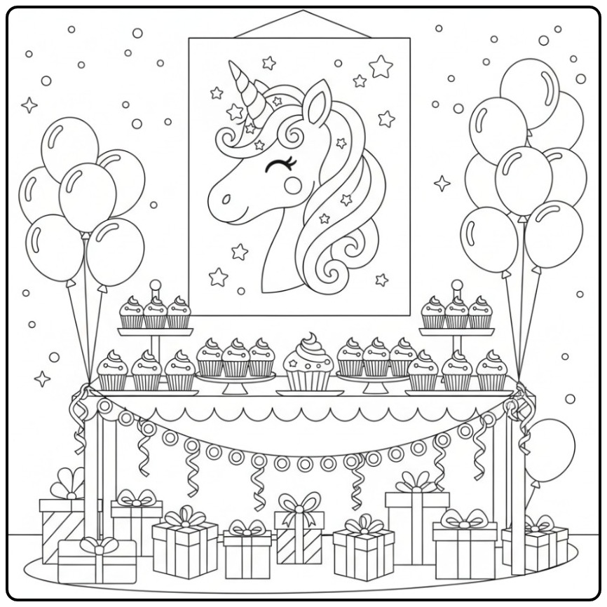 Unicorn Head Birthday with Cupcakes and Gifts coloring page