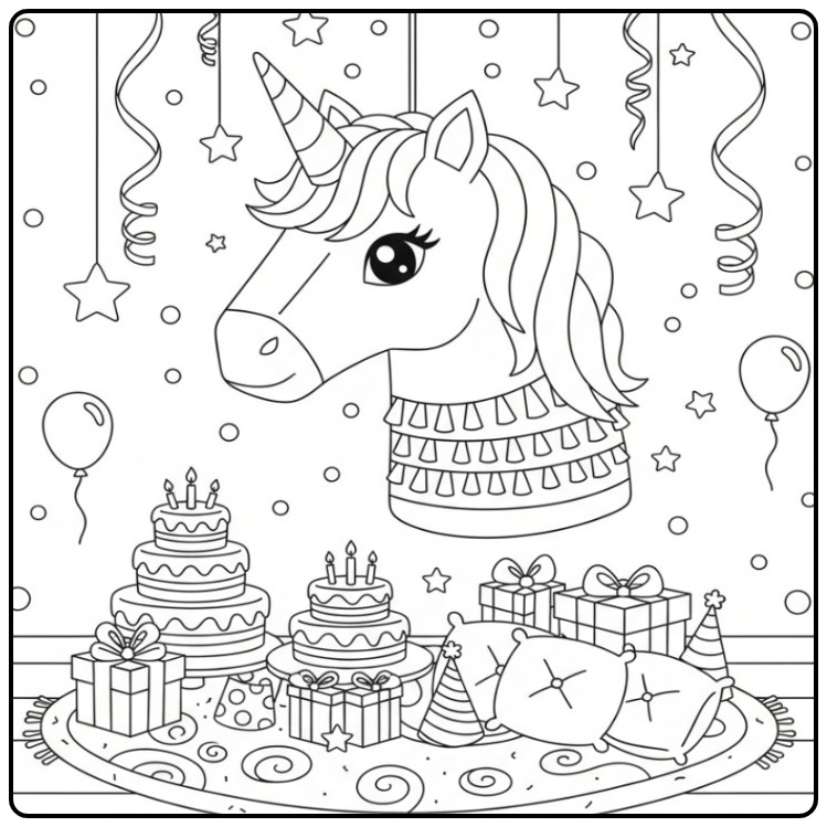 Unicorn Head Birthday with Party Decorations coloring page