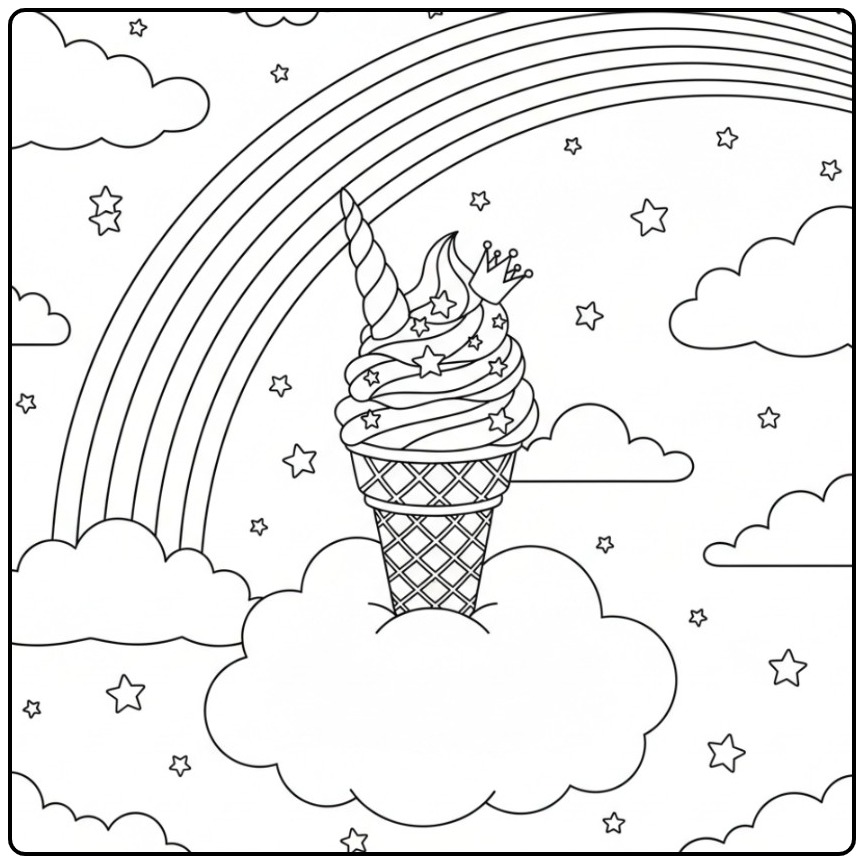 Unicorn Ice Cream a Magical Treat in the Clouds coloring page
