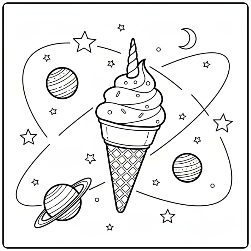 Unicorn Ice Cream in the Space with Planets and Moons coloring page