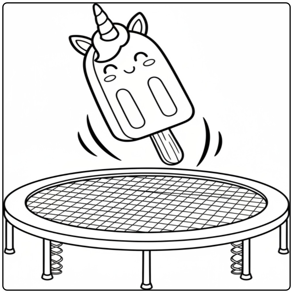 Unicorn Ice Cream Building Cheerful Jumps on Trampoline coloring page