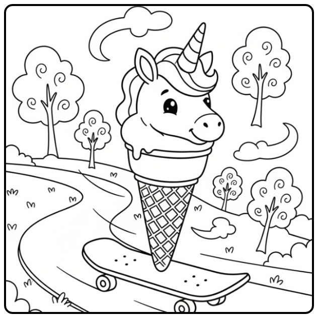 Unicorn Ice Cream Skateboard Adventure Print and Color Now coloring page