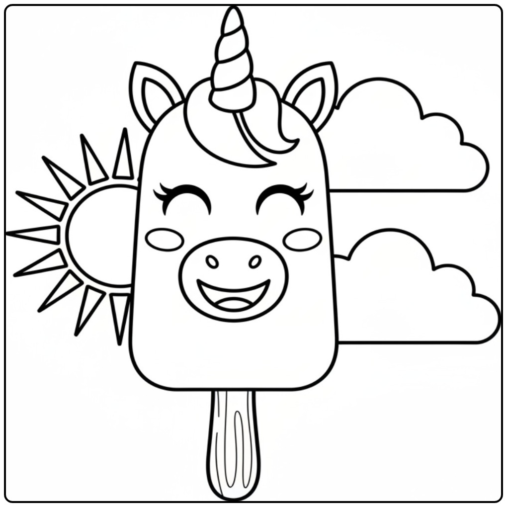 Cheerful Unicorn Ice Cream Under the Sun coloring page