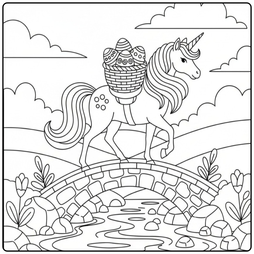 Unicorn Easter Over a Stone Bridge Walking coloring page