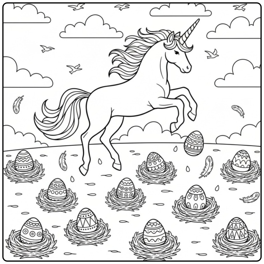 Unicorn with Easter Eggs Searching coloring page