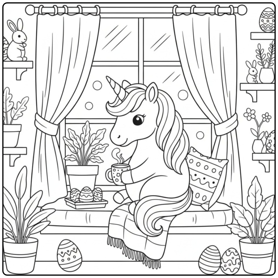 Easter Unicorn Hugging a Cup for the Window coloring page