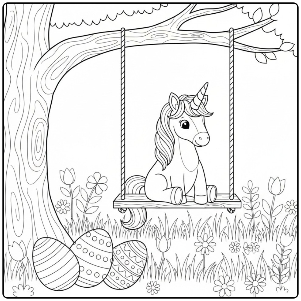 Easter Unicorn on Swing coloring page