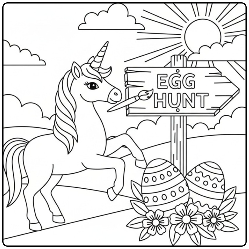 Easter Unicorn Painting Eggs for the Chase coloring page