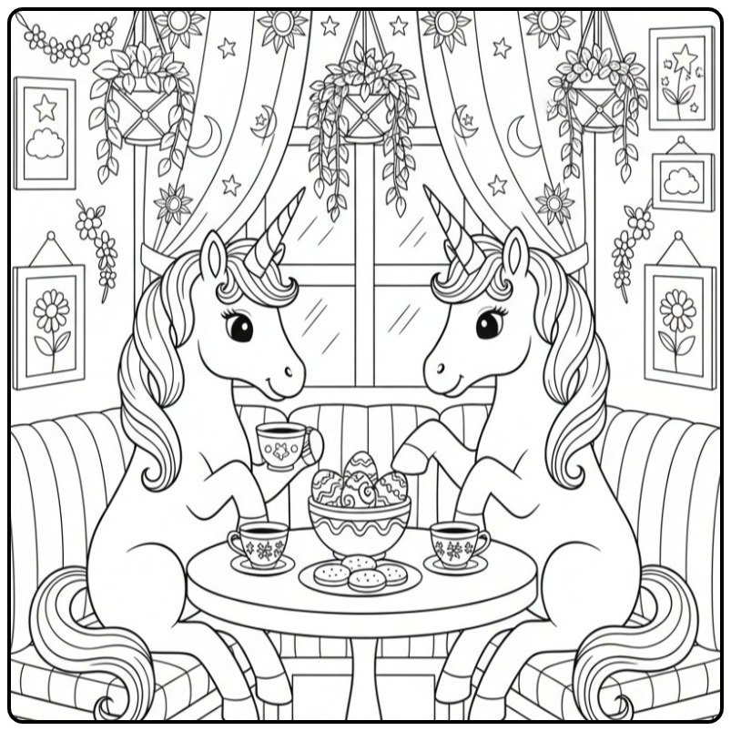 Unicorn Easter Enjoying the Theetijd coloring page