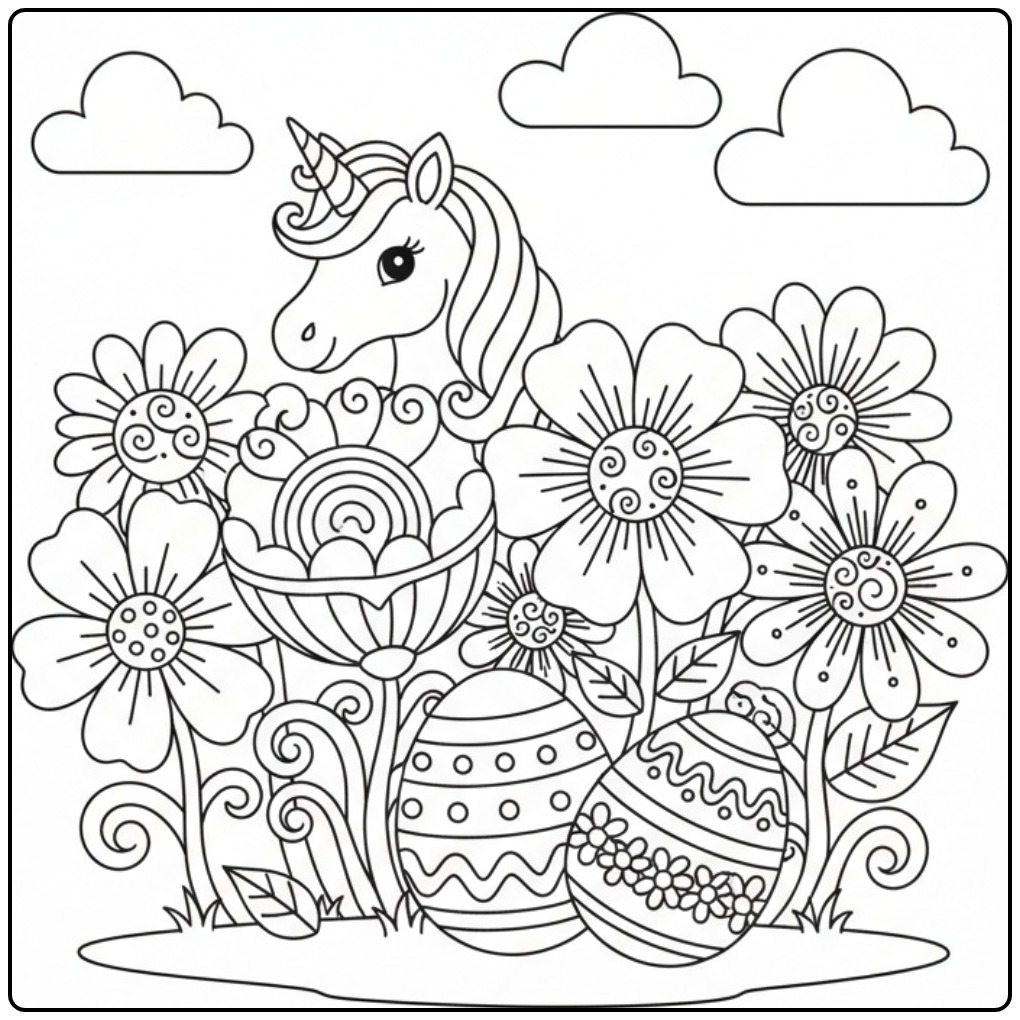 Unicorn Easter in Flower Garden with Flowers and Eggs coloring page
