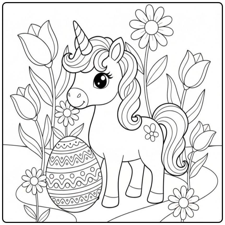Unicorn in Flower Garden with Easter Egg coloring page