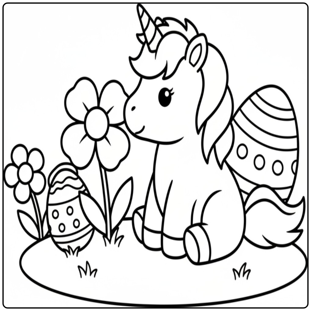 Unicorn in Flower Garden with Easter Eggs coloring page