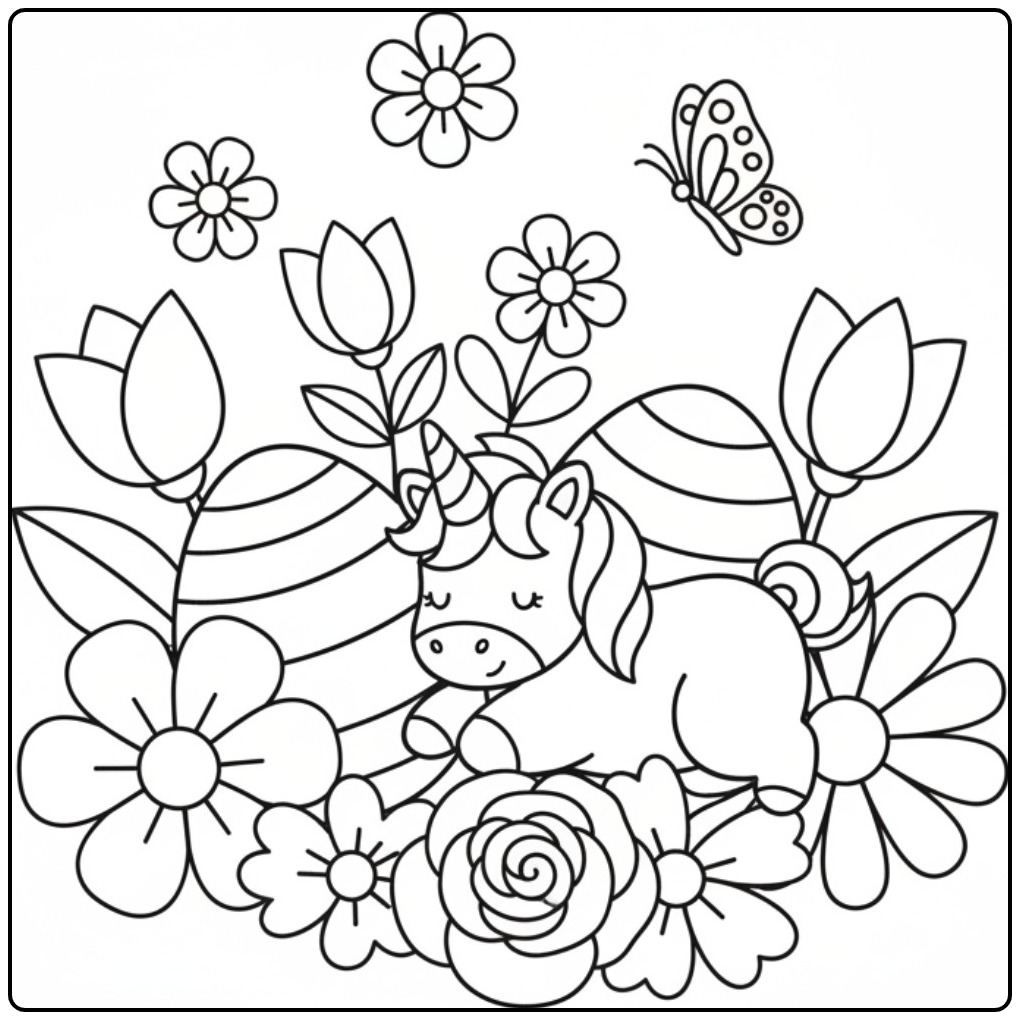 Unicorn Easter in Flower Garden with Butterfly and Tulips coloring page