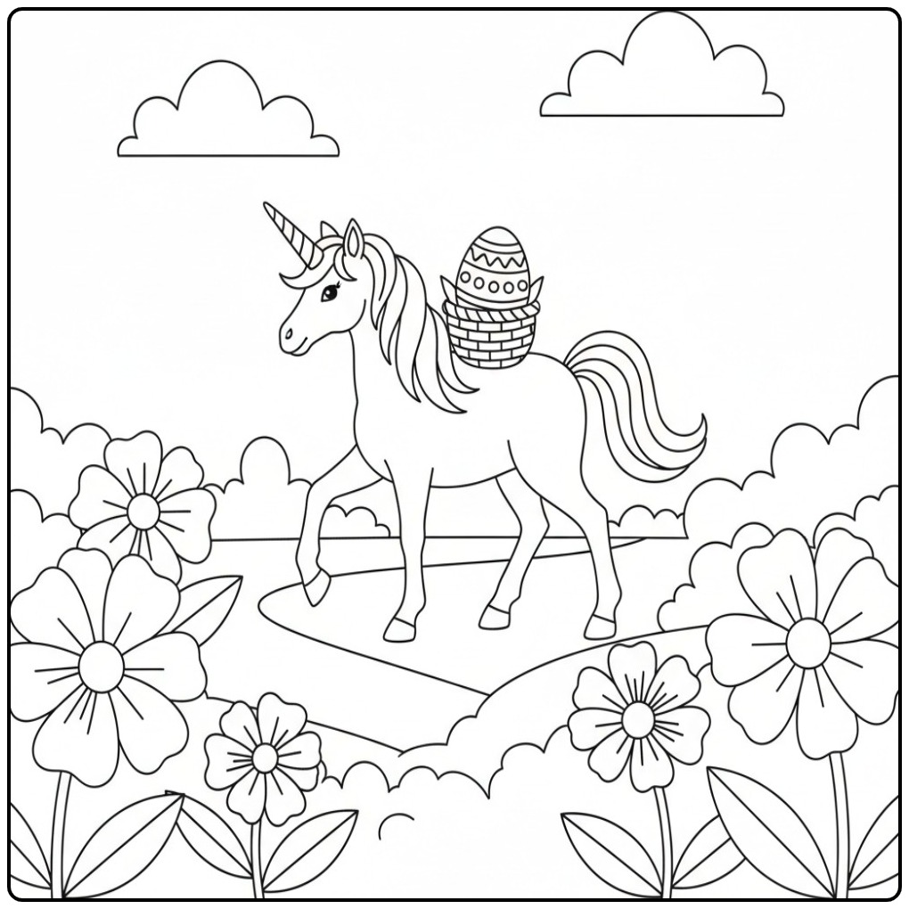 Unicorn Easter in Flower Garden with Cheerful Flowers coloring page
