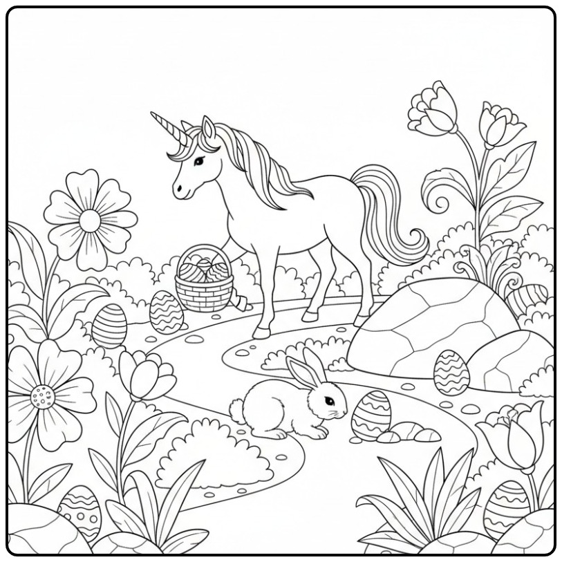Unicorn Easter in a Magical Spring Setting coloring page