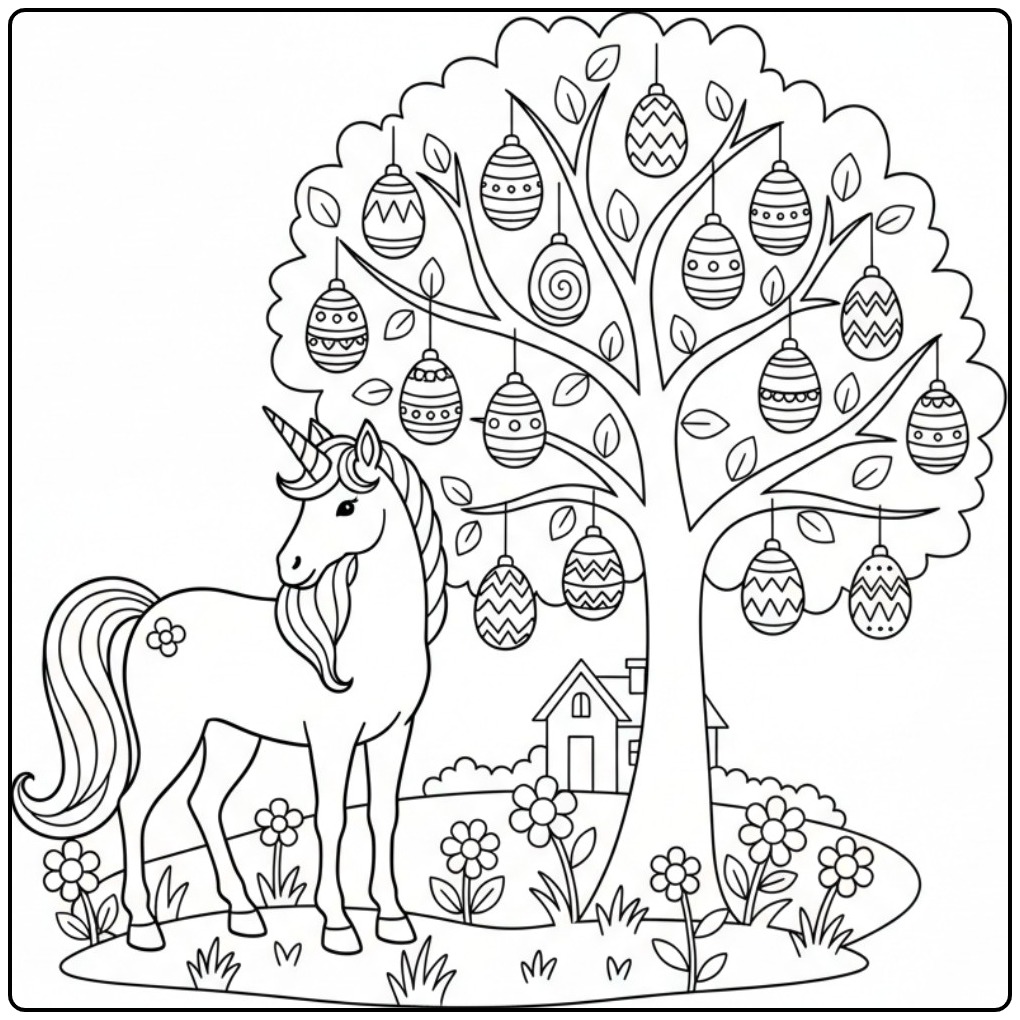 Easter Magical Paaseierenboom with Unicorn coloring page