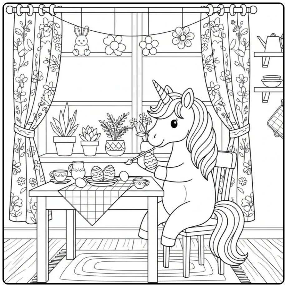 Unicorn Easter with Flowers and Plants coloring page
