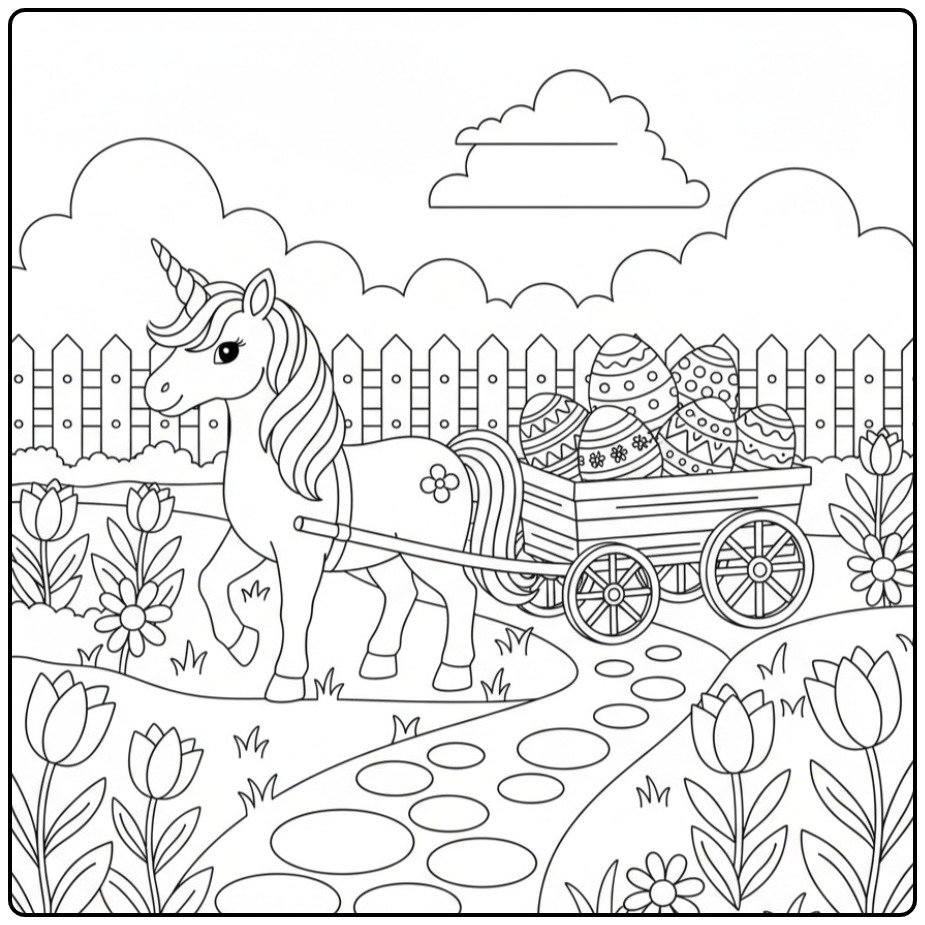 Unicorn and Easter Eggs coloring page