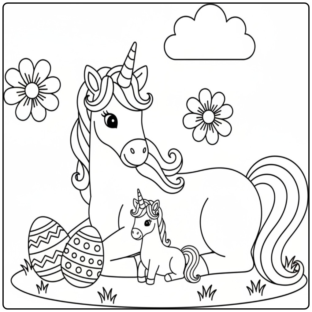 Unicorn with Family Easter Eggs and Flowers coloring page