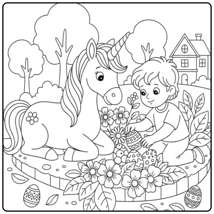 Unicorn Easter with Boy Eggs Decorates coloring page