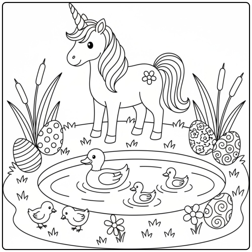 Unicorn Easter with Chicks and Animals in the Spring coloring page