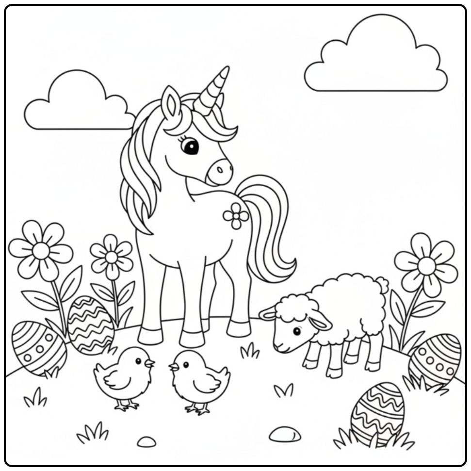 Unicorn Easter with Chicks and Spring Animals in Garden coloring page