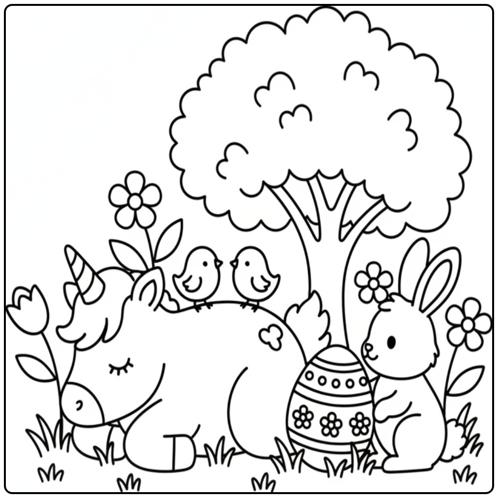 Unicorn Easter with Chicks and Spring Animals Kleurrijk coloring page
