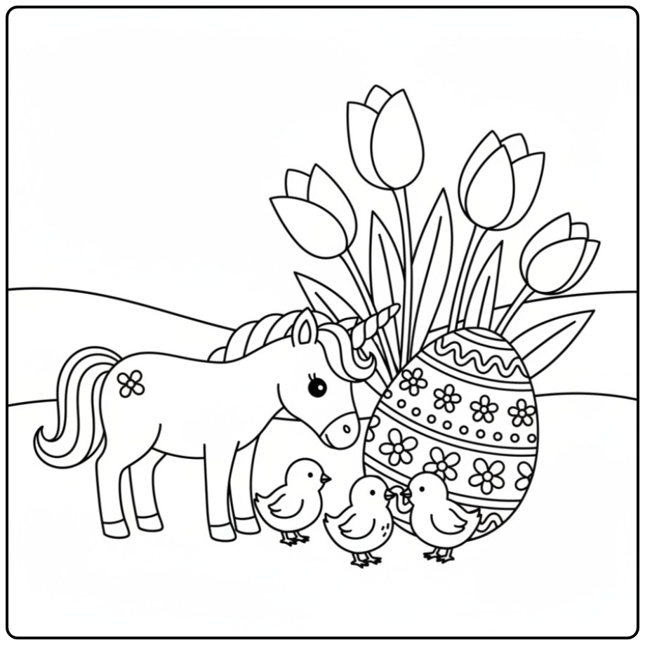 Unicorn Easter with Chicks and Spring Animals coloring page