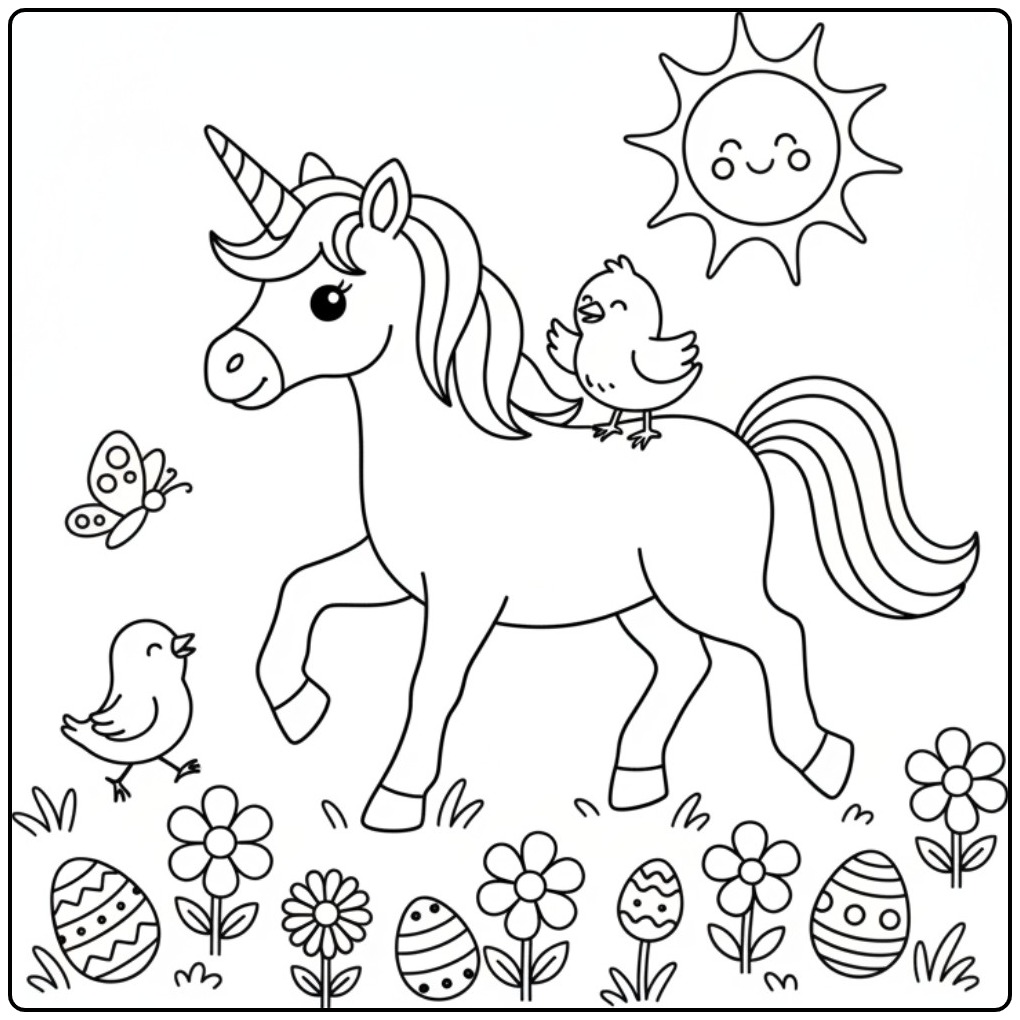 Unicorn Easter with Chicks and Spring Animals for Fun coloring page
