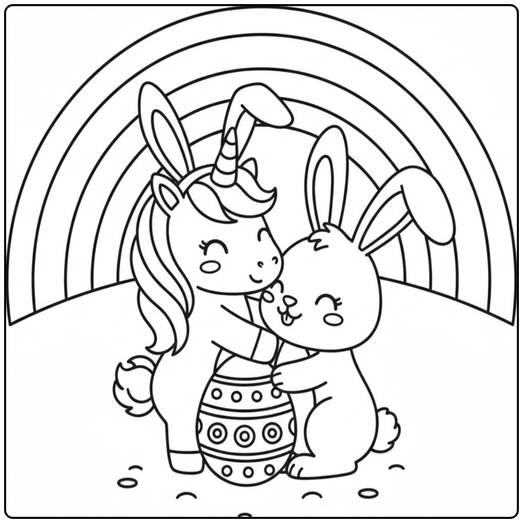 Unicorn with Easter Bunny Festive Drawing coloring page