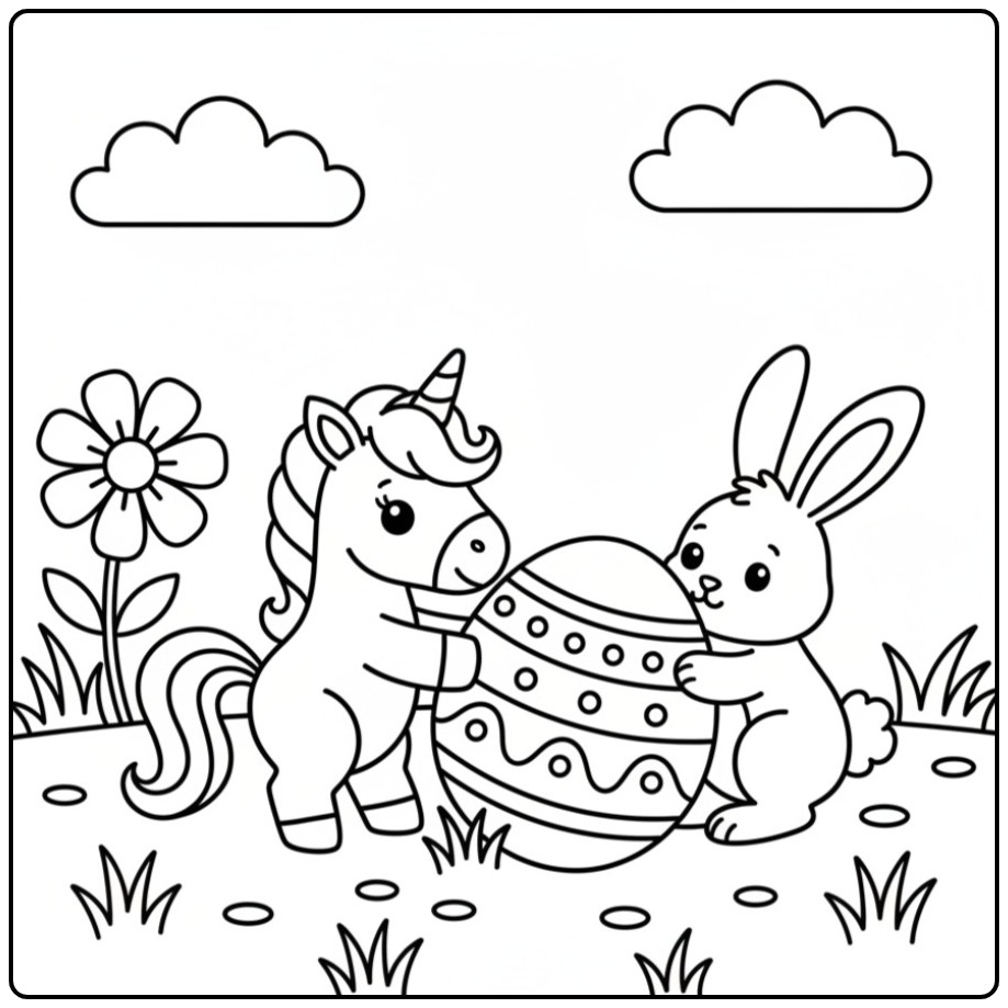 Unicorn with Bunny Easter Egg Searching coloring page