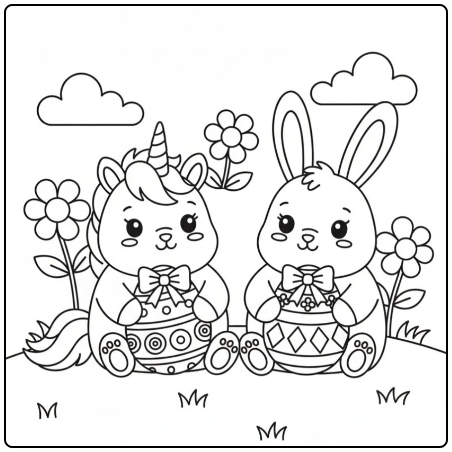 Unicorn with Easter Bunny Print and Color coloring page