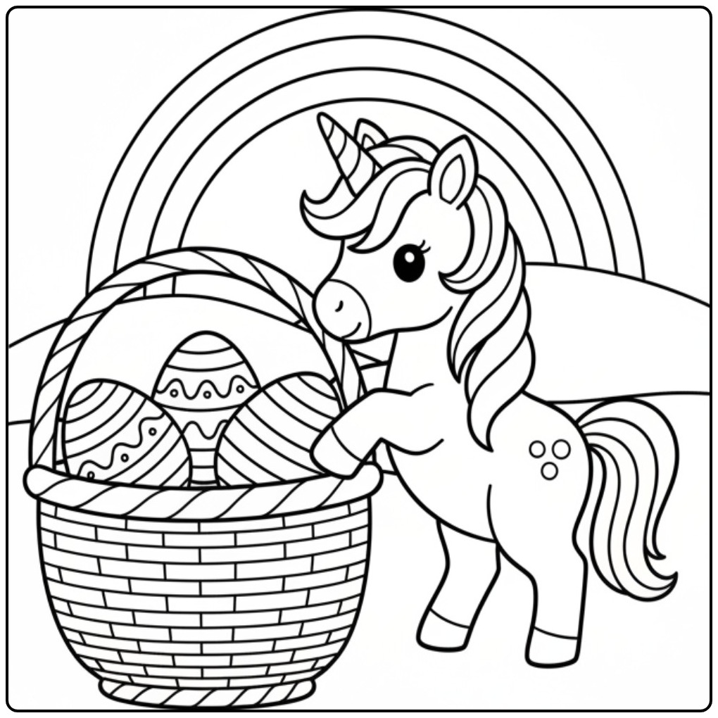 Unicorn with Easter Basket and Eggs coloring page
