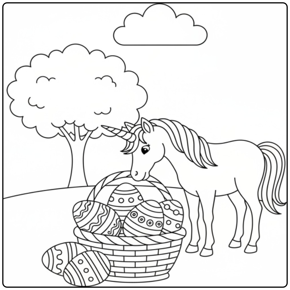 Unicorn with Easter Basket and Eggs Many Coloring Fun coloring page