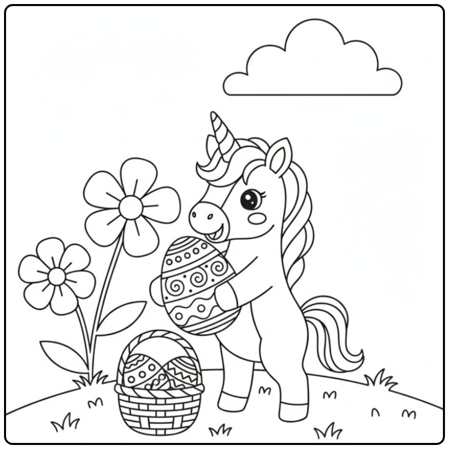 Unicorn with Easter Basket and Eggs Many Fun coloring page
