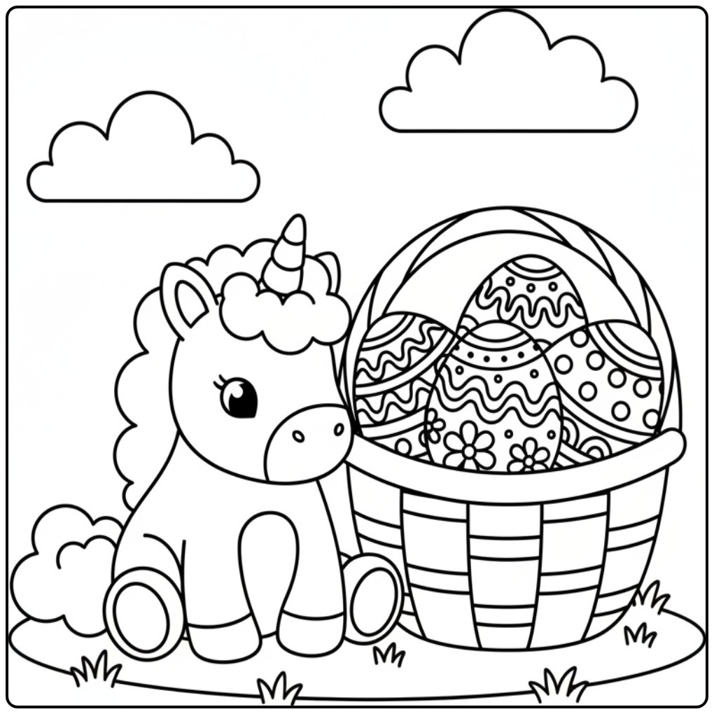 Unicorn with Easter Basket and Eggs for Iedereen coloring page