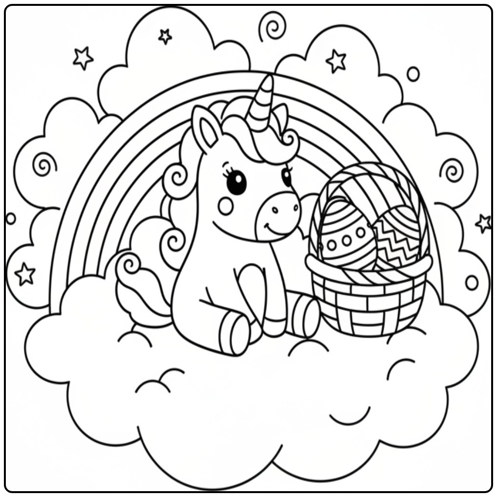 Unicorn Easter with Rainbow and Clouds coloring page
