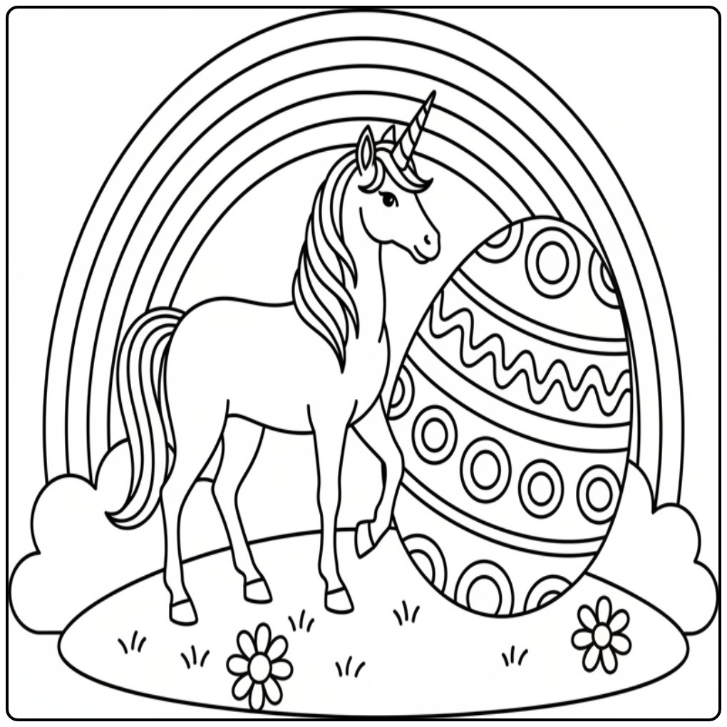 Unicorn Easter with Rainbow and Clouds coloring page