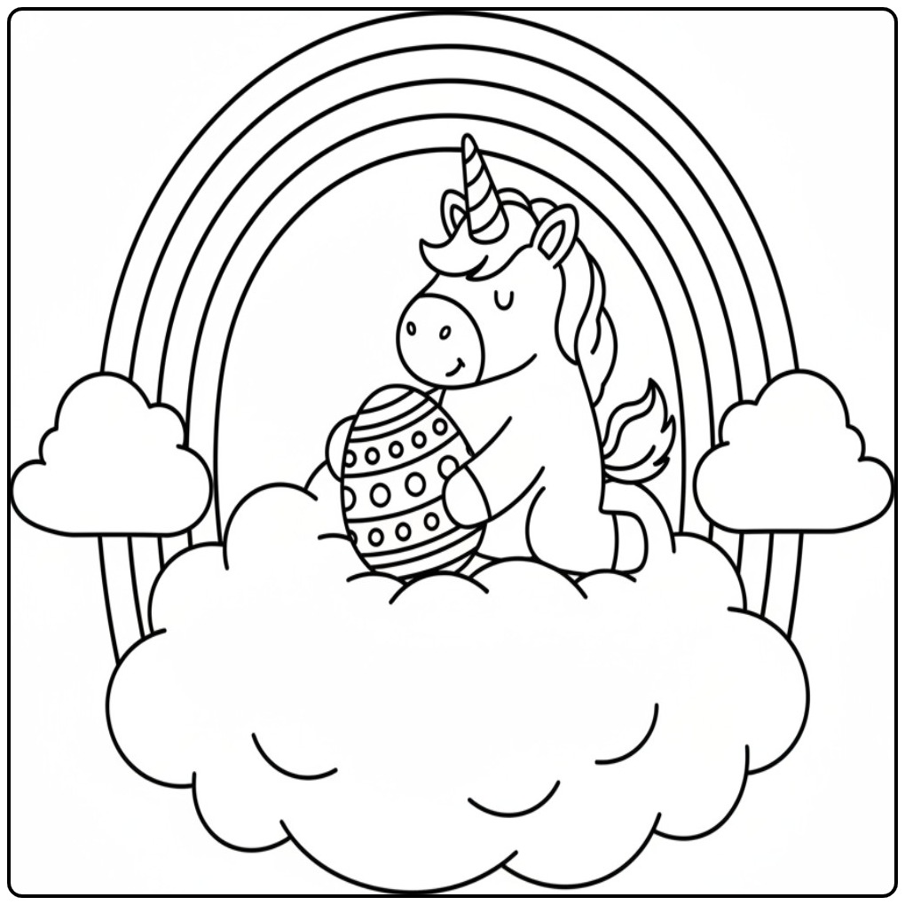Unicorn with Rainbow and Clouds Prent for Easter coloring page