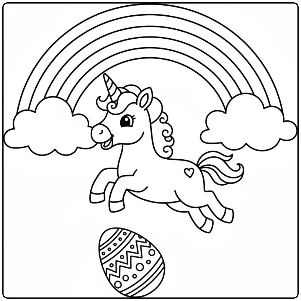 Unicorn Easter with Rainbow and Clouds for Creatievelingen coloring page