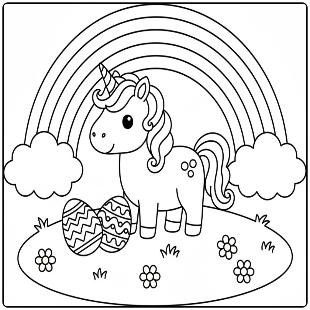 Unicorn Easter with Rainbow and Clouds for Coloring Fun coloring page