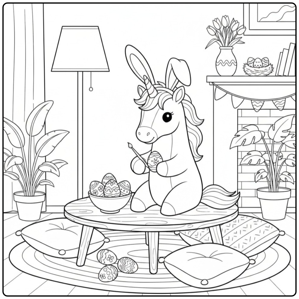 Cute Unicorn with Easter Eggs coloring page