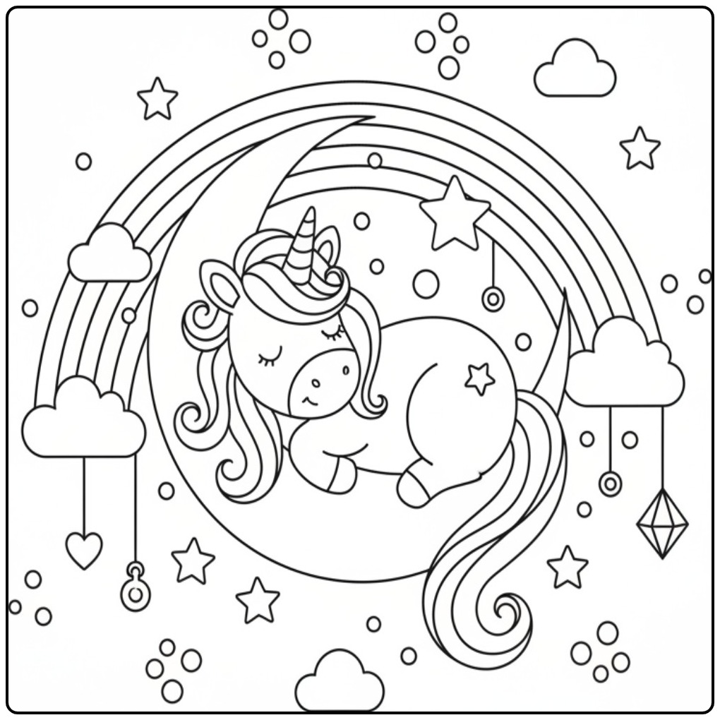 Rainbow Unicorn Dreaming on the Moon coloring page
