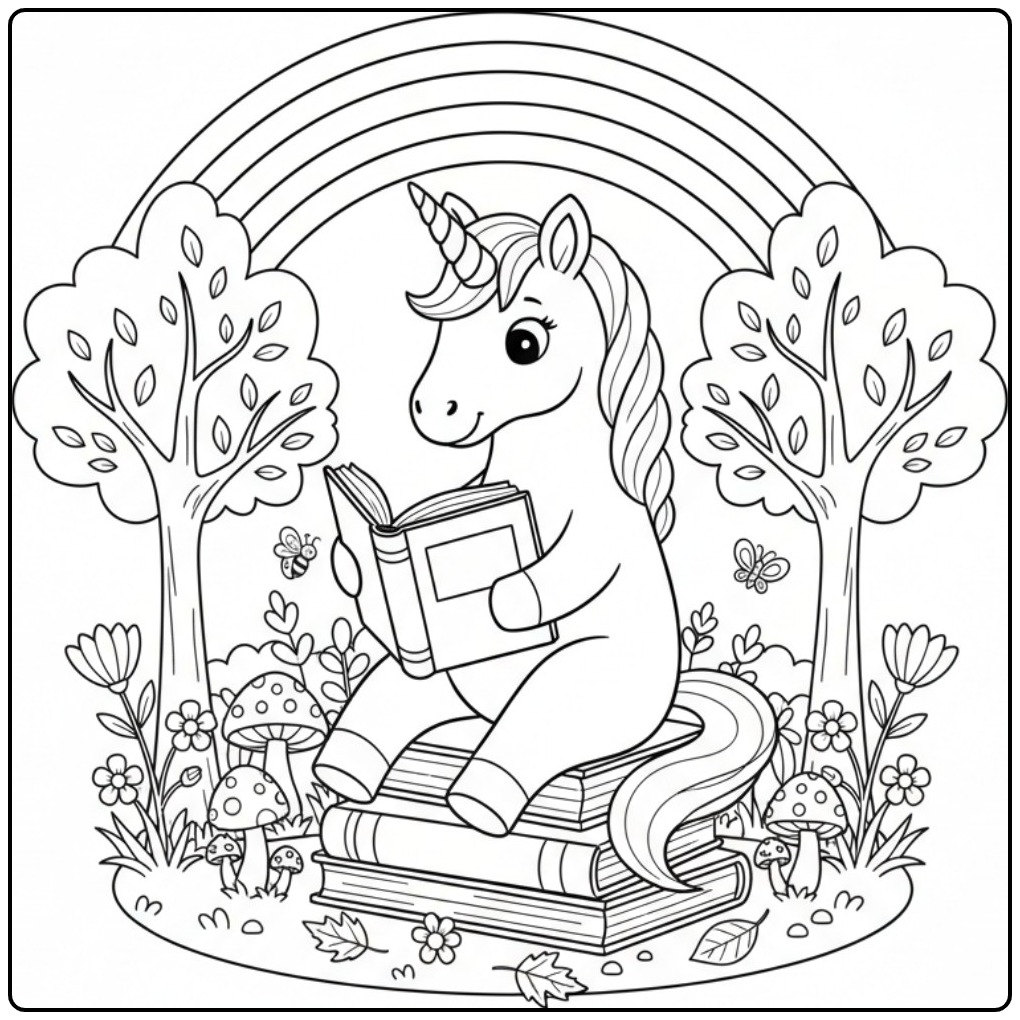 Rainbow with Unicorn on a Stack Books coloring page