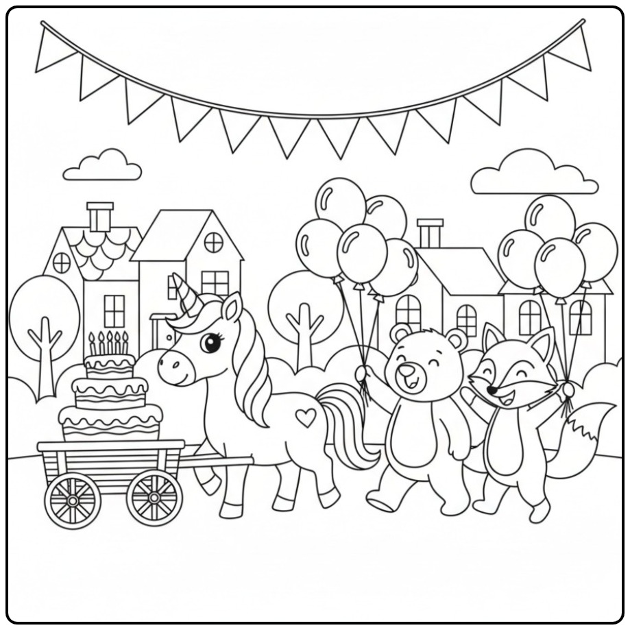 Unicorn Birthday Parade with Bear and a Fox coloring page