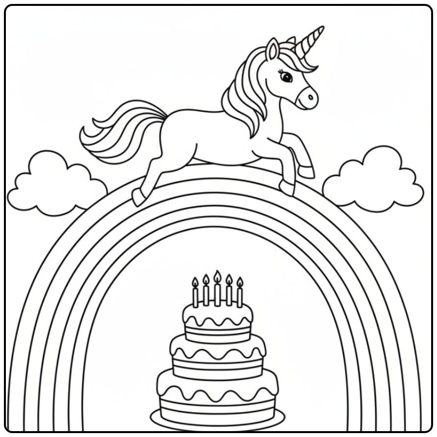 Unicorn Birthday Jumping Over a Rainbow coloring page