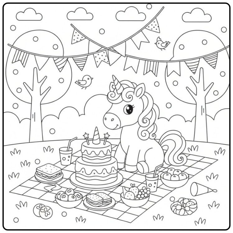 Unicorn Birthday Cheerful Party with Gifts coloring page