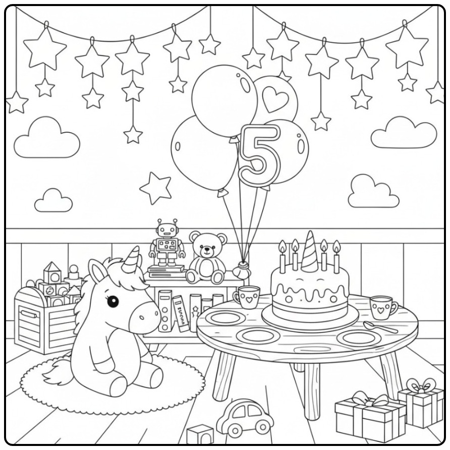 Unicorn Birthday Cake for a Vijfde Party coloring page